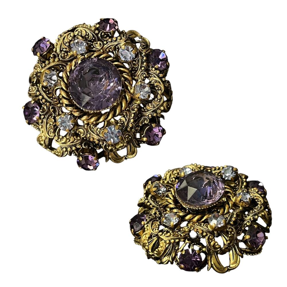 VTGE West Germany Crystal Womens Brooch Purple Round Mid Century